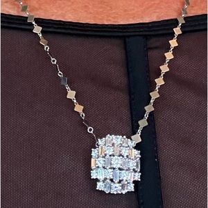 Necklace -large dazzling Cubic Zirconia centerpiece/unique Italian silver chain.